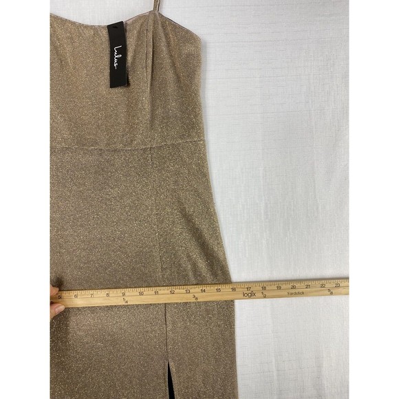 Lulu’s Small Gold Gown Spaghetti Strap Body Con Maxi Dress Side Slit Prom Formal - Picture 11 of 14